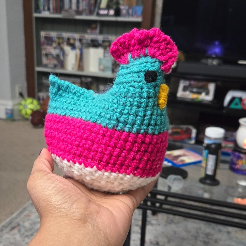 Handmade crochet chicken in the cutest bright color combo! 💖🐔